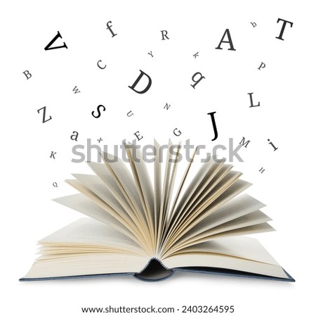 Open book with letters flying out of it on white background