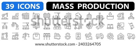 Mass production icon set. Robot, productive, workflow, industrial, automation, industrials, manipulator, painting, warehouse and more. Line icon style. Vector illustration.
