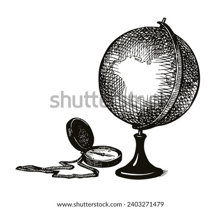 Age antique ocean land data teach circle clock ball model guide view white paper text space backdrop. Outline black hand drawn office object icon sign logo design concept ancient art doodle line style