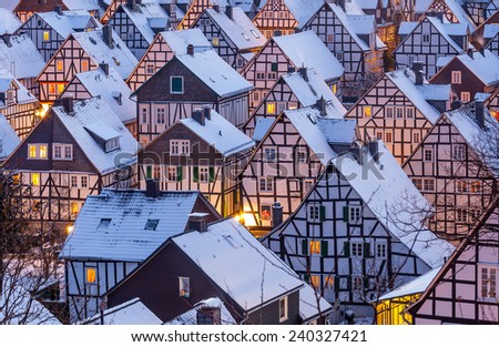Snow in Freudenberg An alternative, 86 half-timbered houses district of the city Freudenberg near Siegen.  Royalty-Free Stock Photo #240327421