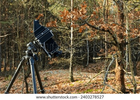 Large format view camera on a tripod in forest with filter holder attached to the lens. Analog photography hobby.