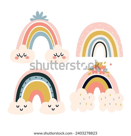 Cute hand drawn rainbow and clouds set. Vector illustration in scandinavian style.