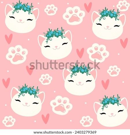 A light and inspiring pattern with cute white cats decorated with delicate flowers on the head. Create an atmosphere of tenderness and spring fun with this unique illustration.