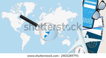 Somalia is magnified over a World Map, illustration with airplane, passport, boarding pass, compass and eyeglasses. Vector illustration.