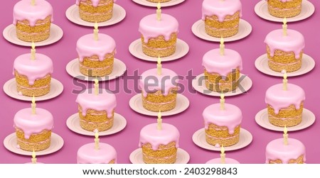 Pattern of Birthday cakes with creme and burning candles. Sweet pink dessert for birthday party celebration background texture.