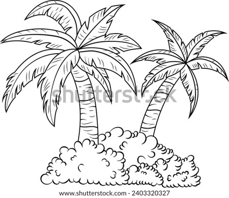 Tropical palm trees with bushes at their base, cartoon style vector illustration with no background and no color for coloring.