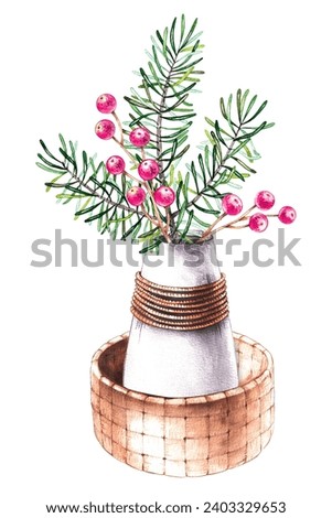 Watercolor vase in a basket with a Christmas bouquet of pine needles and berries on a white background. Hand drawn bouquet on a white background for the design of cards, invitations, packaging, etc.