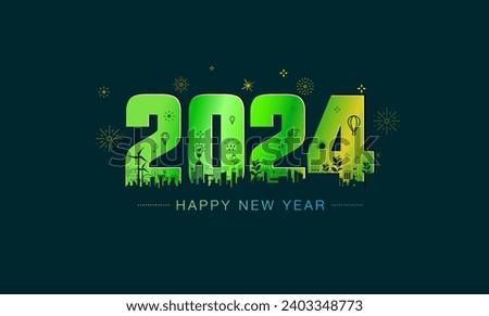Futuristic, green, hitech, smart eco city skylines with 2024 new year number. Royalty-Free Stock Photo #2403348773