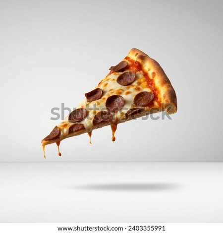 cheeky slice of pepperoni pizza put some playful flair on your content! Floating mid-air on a clean white backdrop, it injects quirky energy perfect for livening up blogs, ads, posters,or social media