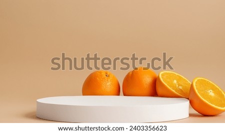 Empty podium and orange fruits on beige background