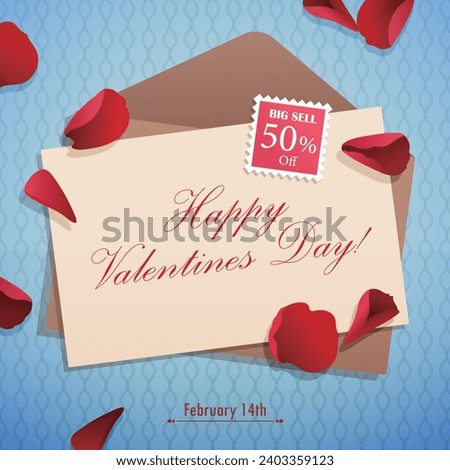 Valentine's Day discount ad, love letter with rose petals