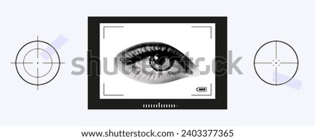 Eye, viewfinder, camera focus, contemporary art, halftone collage. Magazine clipping. Photo frame, camera capture, video recording viewing, scene overview. Eye focusing, scale adjustment, goal. Vector