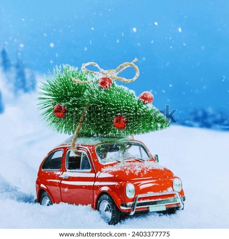 Retro red car carrying christmas tree on roof in snowy winter forest. Christmas background. Holidays card. Copy space.