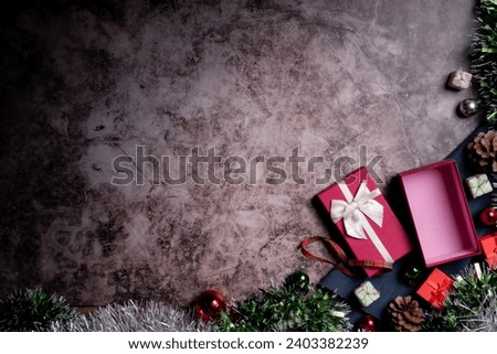 Beautiful New Year and Christmas gift boxes and decorations. The concept of the celebration of winter holidays. Flat lay, top view, copy space.