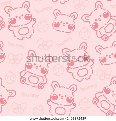 Seamless pattern of cute rabbit line hand drawn  with strawberry and bow on pink background.Rodent cartoon.Bunny.Baby clothing.Print screen.Easter day.Kawaii.Vector.Illustration. Royalty-Free Stock Photo #2403392439