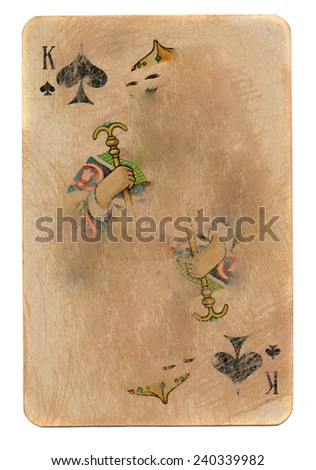 old rubbed playing card  king of spades paper background isolated on white