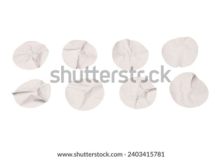 Round white stickers, blank tags labels isolated on a white background. Top view. 