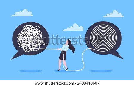 Unravel business chaos process with tangle difficult problem mess business concept flat style design vector illustration. Chaos to order, complex to simple metaphor with person trying solve mess cable Royalty-Free Stock Photo #2403418607