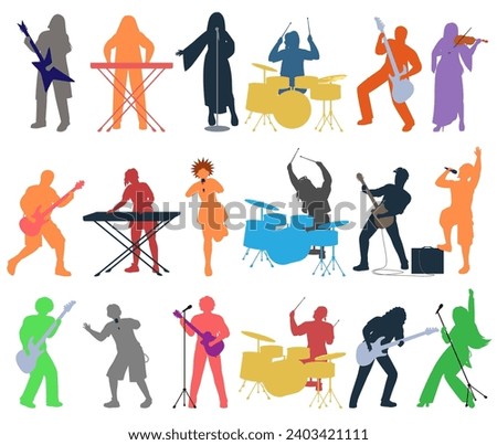 Punk or rock band people colored silhouette playing different musical instrument isolated set on white background. Young man and woman guitarist, singer, drummer, pianist vector illustration
