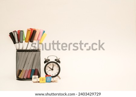 A group of stationery on white surface. Education and office concept