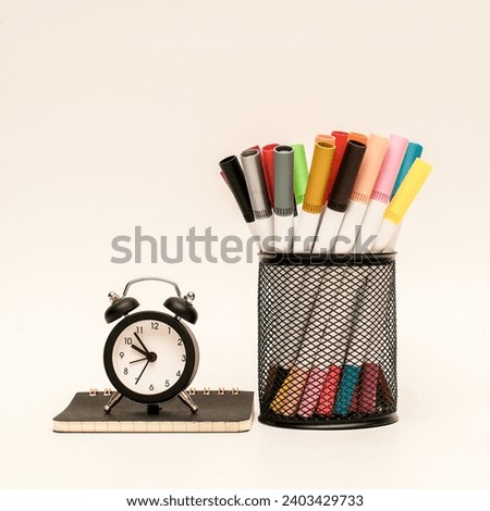 A group of stationery on white surface. Education and office concept