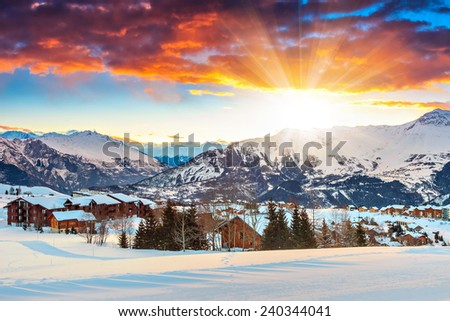 Winter landscape and ski resort in the Alps,La Toussuire,France,Europe Royalty-Free Stock Photo #240344041