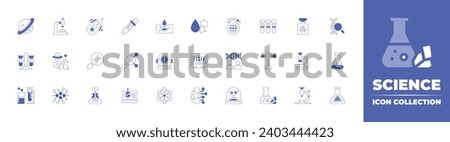 Science icon collection. Duotone style line stroke and bold. Vector illustration. Containing saturn, chemistry, science, clone, biology, water drop, pc, brain, flask, dna, slide, nano technology, test Royalty-Free Stock Photo #2403444423