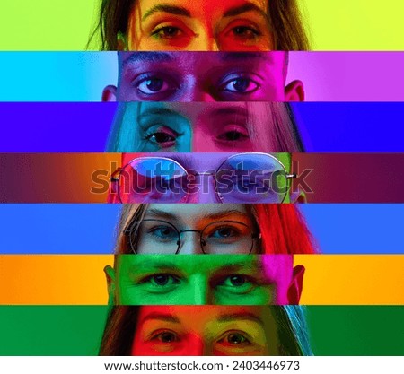 Collage made of people of different age, gender and race. Human eyes placed in narrow stripes over multicolored background in neon light. Concept of diversity, emotions, lifestyle