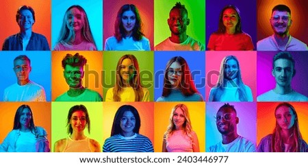 Collage made of portraits of different young people, men and women smiling against multicolored background in neon light. Concept of diversity, emotions, lifestyle