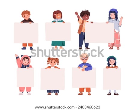 Cute kids holding blank paper banners, advertising placards. Happy children, boys and girls showing empty posters, sign boards in hands. Flat graphic vector illustrations isolated on white background