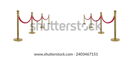Perspective view red velvet rope barrier and golden poles isolated on white background Royalty-Free Stock Photo #2403467151
