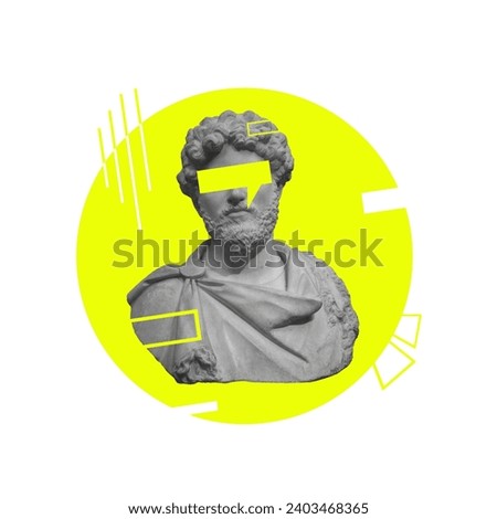 Contemporary art collage of statue on a neon yellow background. Concept of fashion, style, idea. Poster. Copy space. Modern design.