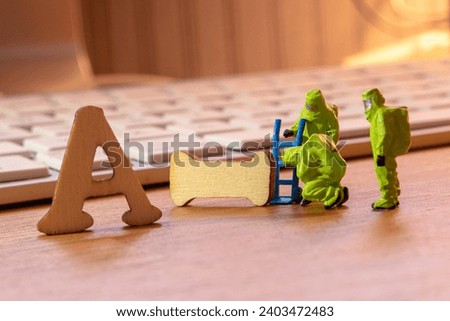 ai word or concept made by wooden letters on wooden background, artificial intelligence abbreviation with a keyboard in the back and miniature firemen in hazmat figurines investigating danger of AI