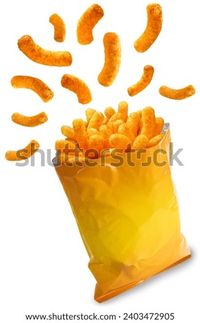 Puffed corn snacks cheesy chips fly out of plastic snack bags isolated on white background, Puff corn or Corn puffs cheese flavor on white With clipping path. Royalty-Free Stock Photo #2403472905
