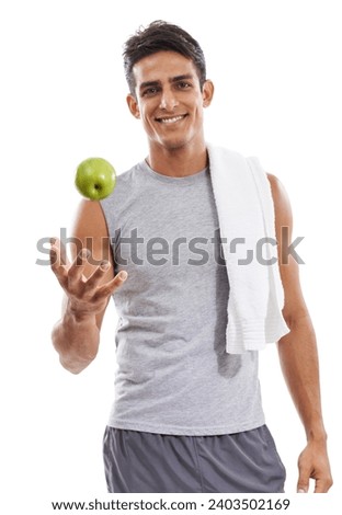Man with apple in portrait, health and nutrition in studio with smile, diet and weightloss isolated on white background. Healthy food, green fruit and fitness for wellness and vegan to lose weight