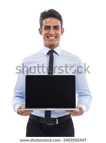 Portrait, business man and advertising laptop screen in studio for deal, offer or sign up to newsletter on white background. Happy worker, computer and mockup space for announcement, launch or UX ads