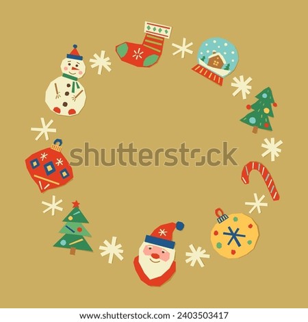 New Year's children's craft from cut out pieces of colored paper. Self made. Circle frame for design. Christmas tree and toys, snow globe and Santa Claus. Stock vector illustration.