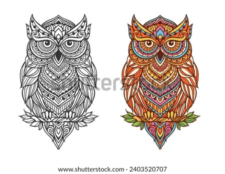Owl mandala. Animal Vector illustration. Adult or kids coloring book page in Zen boho style. Antistress Peaceful drawing Royalty-Free Stock Photo #2403520707