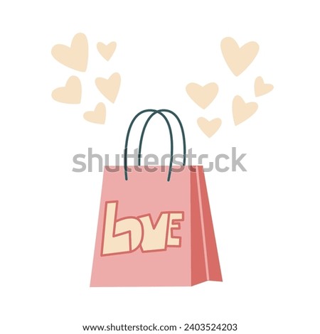 Craft bag with hearts clip art. Cute shopping bag with word love. Hand drawn attribute for Valentine's day, isolated vector illustration