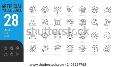 Artificial Intelligence Line Editable Icons set. Vector illustration in modern thin line style of AI technology and possibilities, machine learning Royalty-Free Stock Photo #2403529765