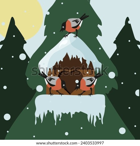 Winter clip art with Bullfinches and a birdhouse. Design Christmas card cover in trendy retro style. Winter landscape with birds. Vector illustration can used children books paint and t-shirt print.