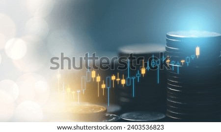 Exposure images coin stacks and chart graphs with white bokeh and copy space. Economy financial and investment concept.  