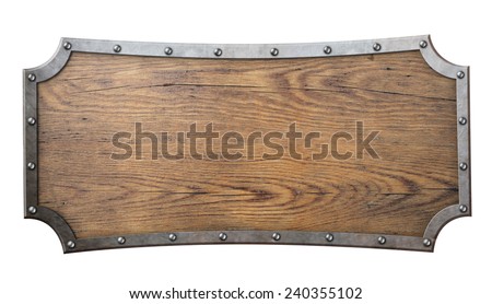 wood sign with metal frame on chain isolated on white