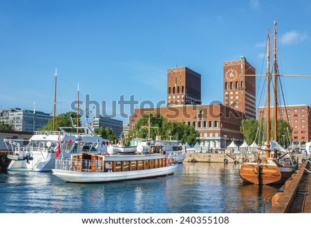 View of Oslo Radhuset (town hall) from the sea, Oslo, Norway Royalty-Free Stock Photo #240355108