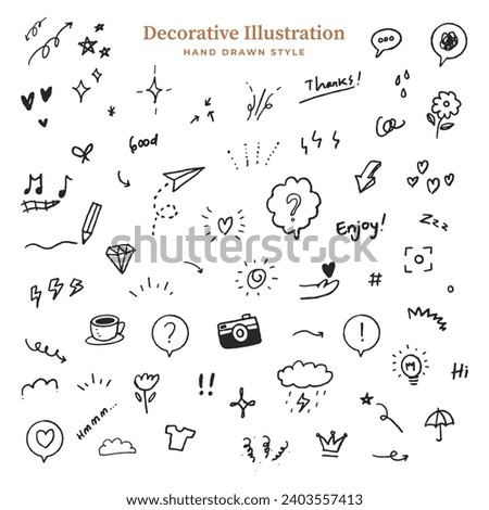 A set of decorative illustrations. simple hand-drawn . Arrows, Flowers, emphasis, stars, hearts, speech ballons, etc