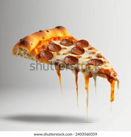 A single slice of pepperoni pizza on a white background. Cheese is still steaming and stretched with grease visible on pepperonis. Shot zoomed in extremely close Royalty-Free Stock Photo #2403560359