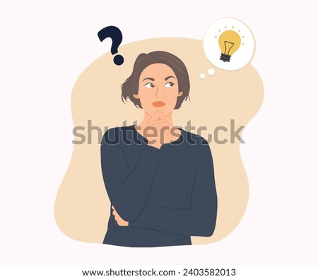 A beautiful young woman stands and contemplates a good plan for a successful business. Vector illustration. Royalty-Free Stock Photo #2403582013