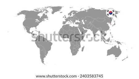 Pin map with South Korea flag on world map. Vector illustration.