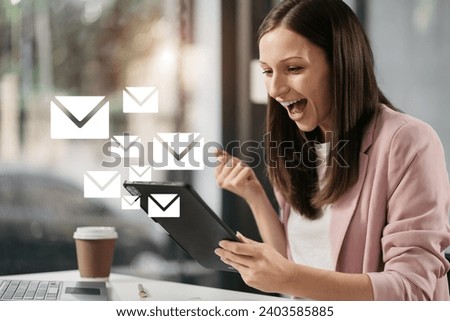 Excited woman sitting at table feeling happy black woman overjoyed accepting mail at laptop promoted at home surprised girl reading good news.
