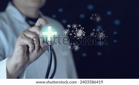 Doctor with stethoscope touching on virtual blue plus sign for positive thinking mindset or healthcare insurance symbol concept, Mental health care, mental rejuvenation.